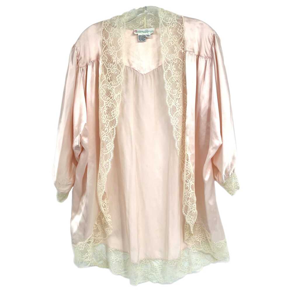Christine Proenza Pink and Cream Vintage Lace Edge Short Silk Open Front Robe